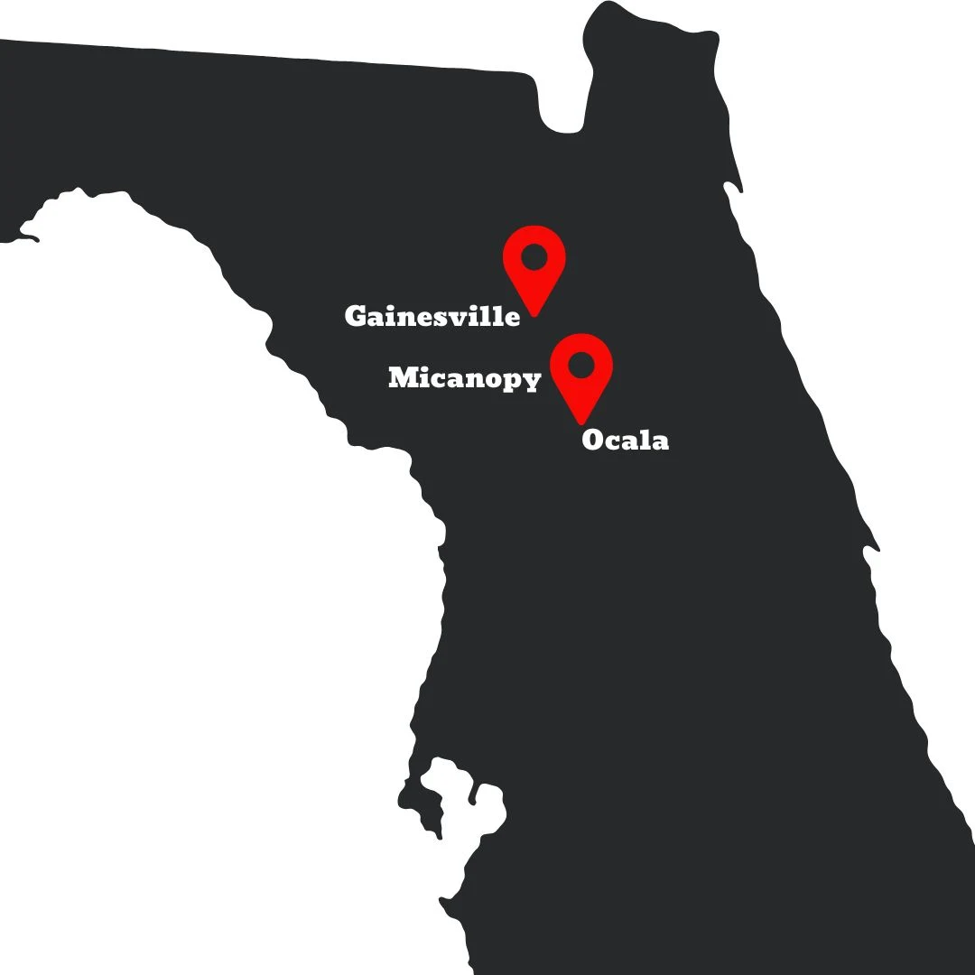 Map of The Wood Doctor service area in North Central Florida, with markers for Gainesville, Micanopy, and Ocala