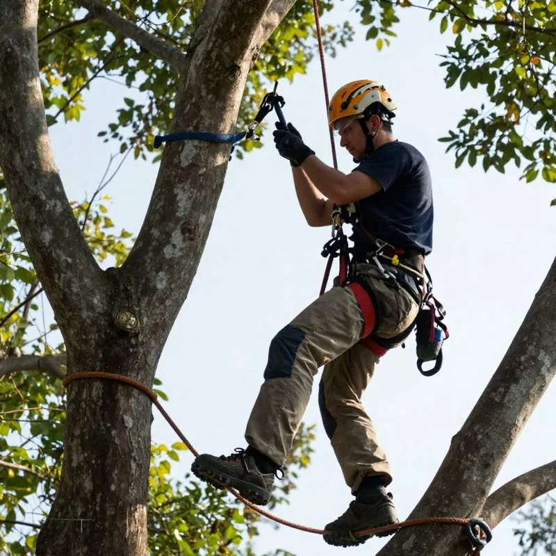 A tree service worker using a professional rigging system to safely lower a limb in North Central Florida, dispelling common myths about hiring tree care pros near Gainesville.