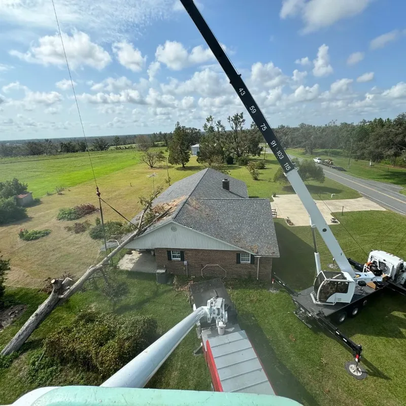 Crane and bucket truck removing a large tree that fell on a home's roof after a storm near Gainesville, FL